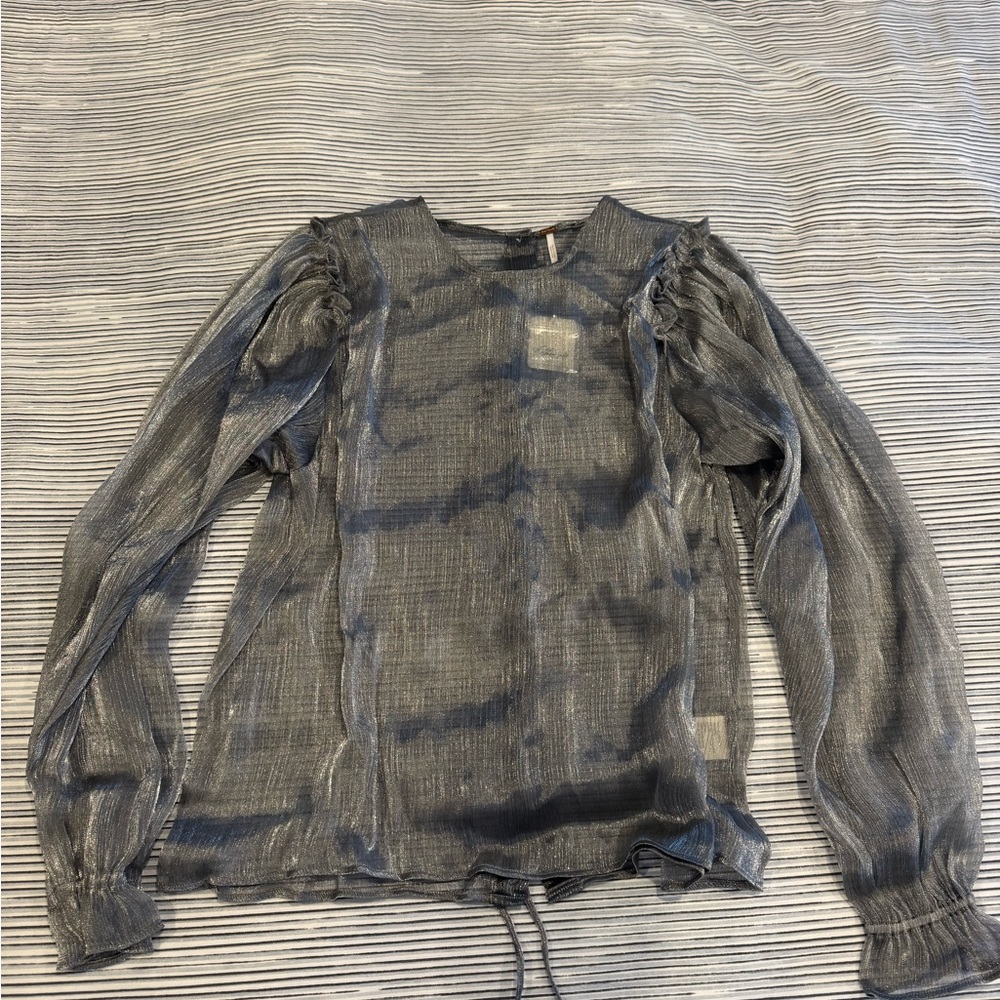 Free People Sheer Shimmery Long Sleeve Blouse in Metallic Gray